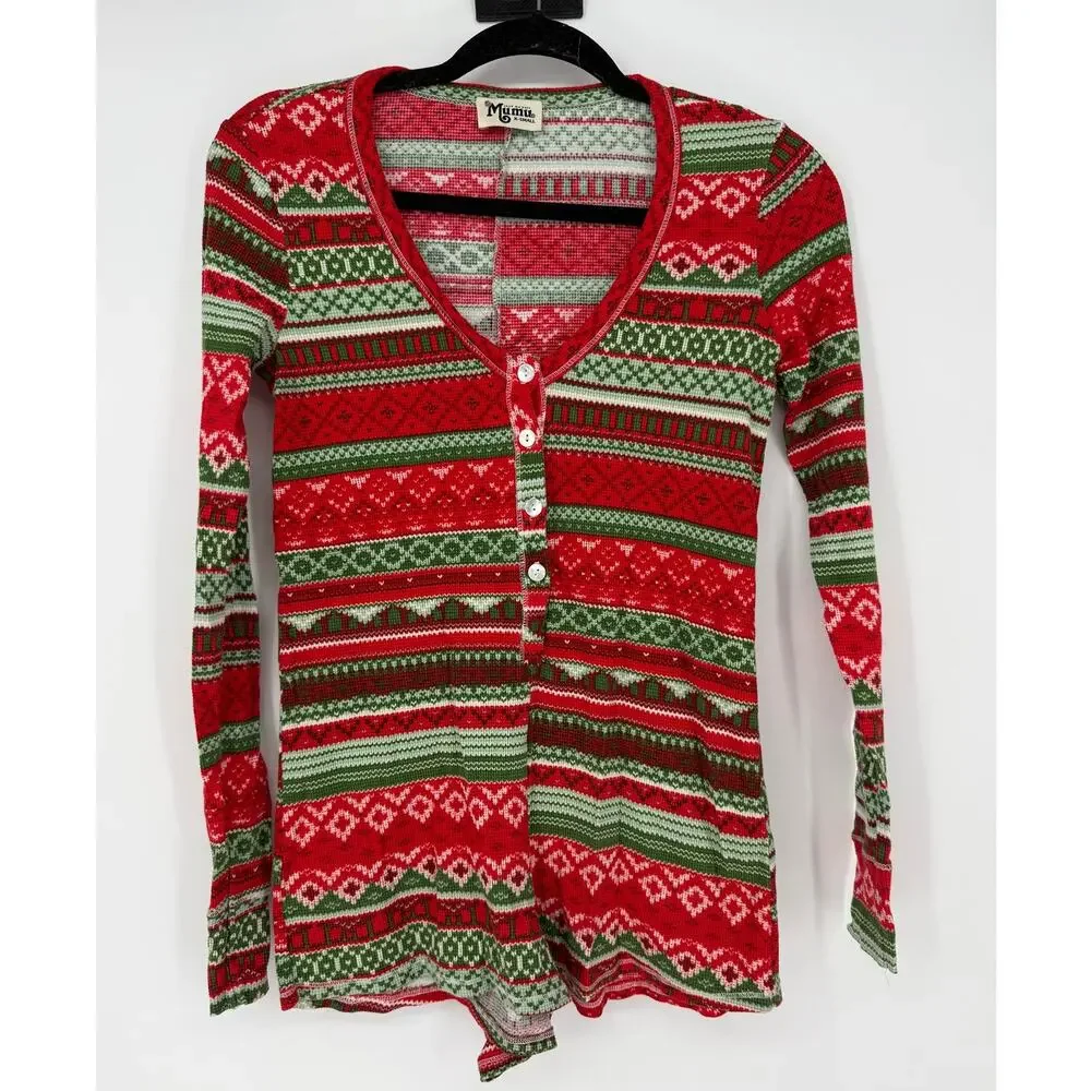 Show Me Your Mumu Pajama Sleep Romper Christmas Waffle Red Green Rare Size XS